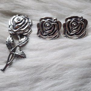 VINTAGE Sterling Silver Rose Brooch Earrings Floral Pin Set